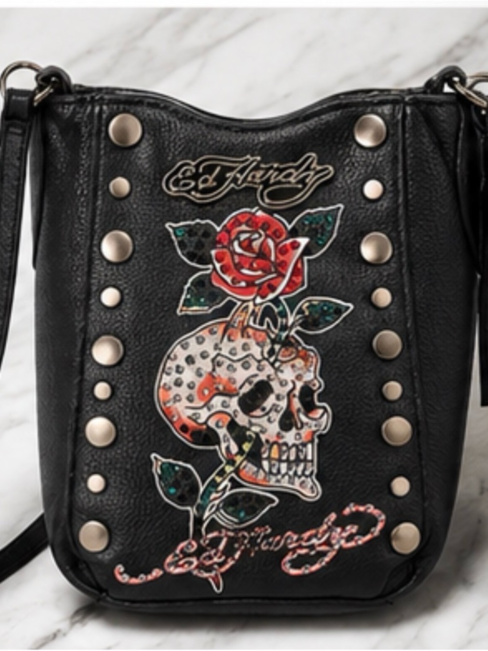 Ed Hardy Black Skull Rose Crossbody Bag Studded Y2K Gothic Punk Shoulder Purse